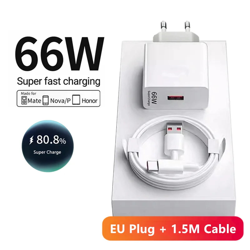 6A 66W Super Fast EU Wall Charger USB Cable